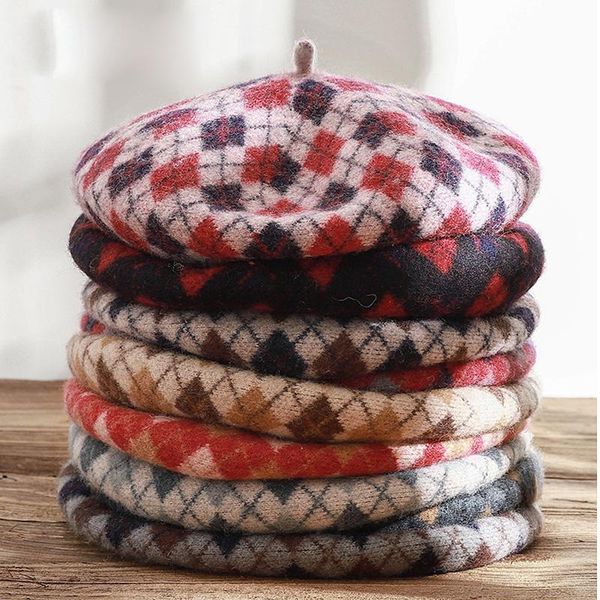 

berets ladies girl beret artist warm wool octagonal flat cap autumn winter beanie hat vintage hats plaid woman, Blue;gray