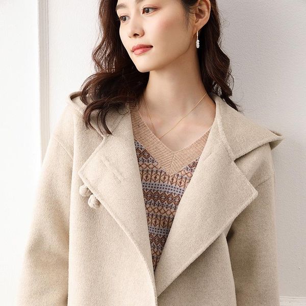 

women's wool & blends and winter 2021 double faced cashmere overcoat korean loose middle long button hooded, Black