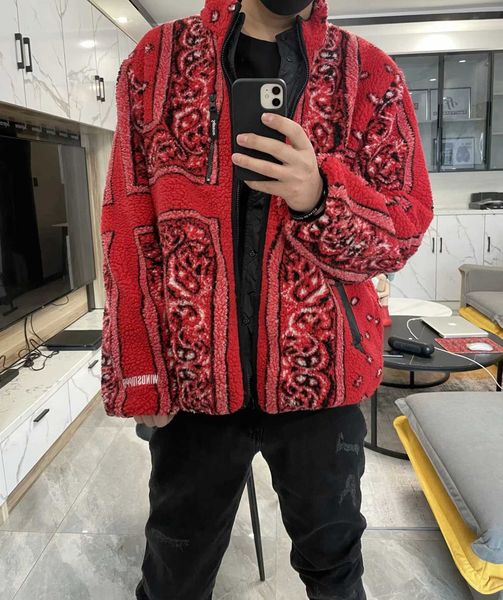 

men's jackets fw19 reversible bandana fleece jacket cashew flower lamb fleece double sided jacket, Black;brown