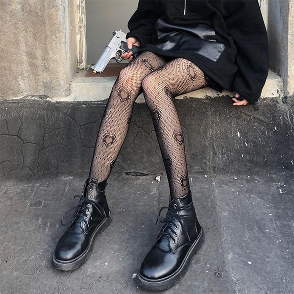 

socks & hosiery women black heart dot jacquard fishnet pantyhose gothic punk hollow out mesh see-through tights stockings lingerie, Black;white
