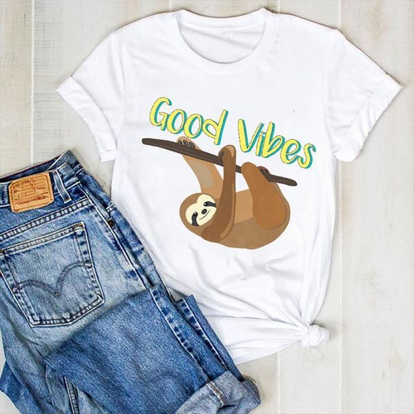 

summer sloth good vibes women cute print tee clothes graphic clothing, White