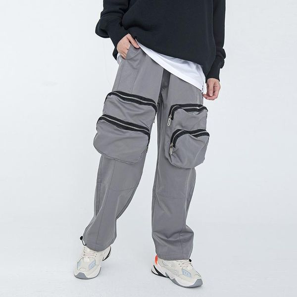 

men's pants front zipper pockets drawstring mens cargo high street retro black straight oversize casual overalls baggy