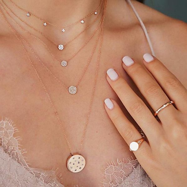 

rounds crystal layered chocker link chains necklace for women boho beach style gold collier femme trendy jewelry 2021 chokers, Golden;silver