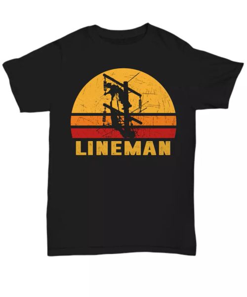 

vintage power lineman t-shirt for men electricial linesman tee gift retro sunset, White;black