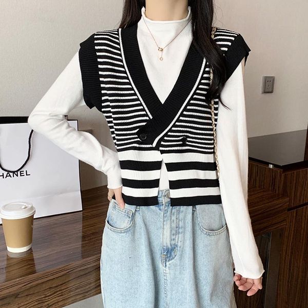 

women's knits & tees chaleco mujer 2021 v-neck striped sweater vest knitted cardigan women loose sleeveless ladies spring autumn gilet, White