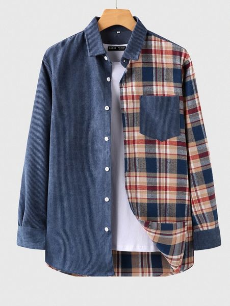 

men plaid panel pocket patched shirt l50d#, White;black