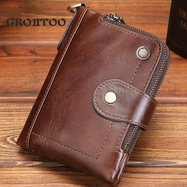 

short genuine leather men's wallet first layer cowhide multi-functional buckle zipper bag leisure wallets, Red;black