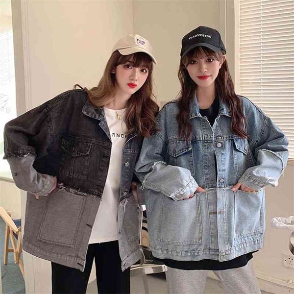 

jackets coats early spring stitching color contrast denim jacket women's loose korean version versatile girlfriends, men and women can, Black;brown