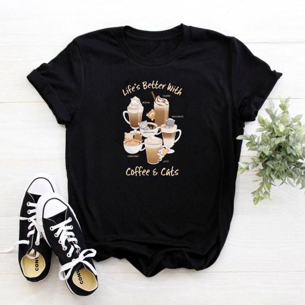 

life's better with coffee and cats t-shirt women funny cotton painting t shirt o-neck ladies tee femme white casual women's