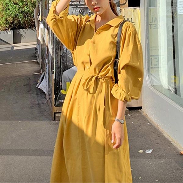 

casual dresses mazefeng 2021 autumn winter women sashes fashionable prairie chic elegant midi solid shirt dress dr7640, Black;gray