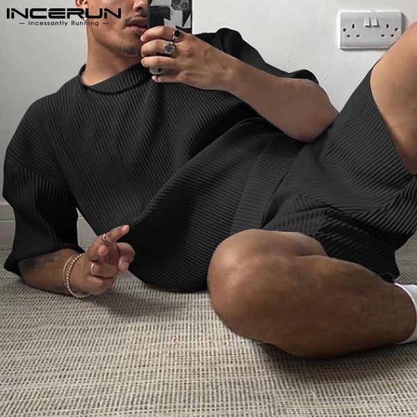 

men's tracksuits incerun mens fashion sets america style casual shorts stylish pleated sports short-sleeved two-piece suits s-5xl, Gray