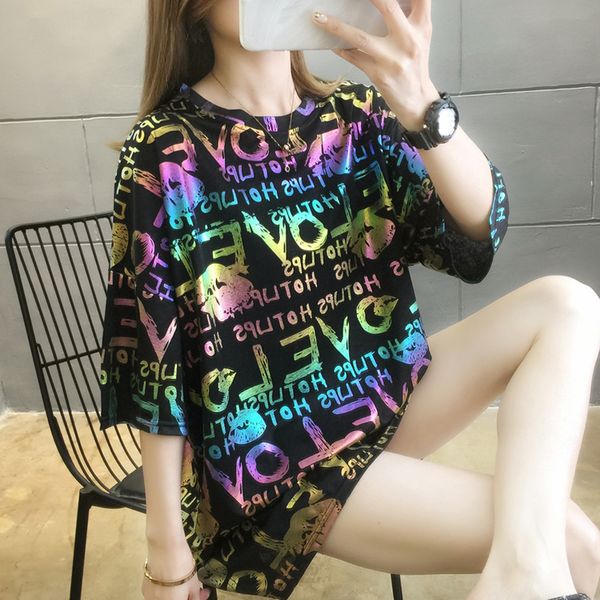 

qnpqyx hip hop oversize t shirt woman streetwear harajuku color shinning tshirt short sleeve y2k loose hiphop t-shirt plus size, White
