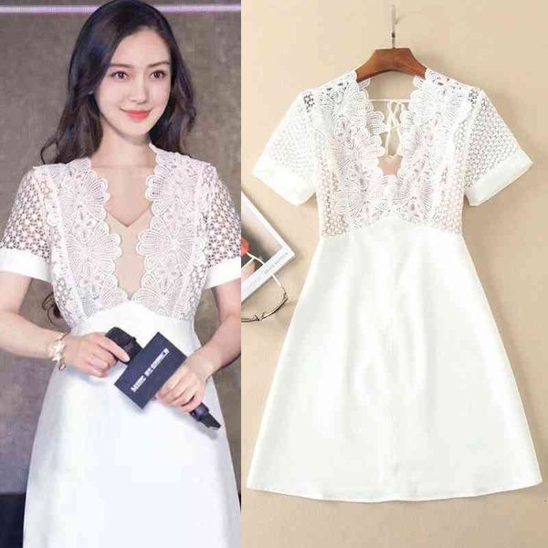 

street style dresses european and american catwalk models high-quality lace stitching a-line dress pb3a, Black;pink