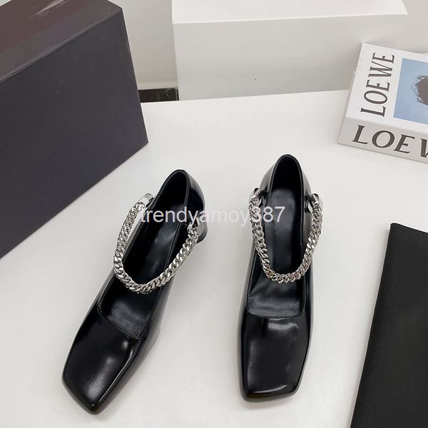 

dress shoes british square head shallow mouth metal chain thick heel shoes women's fashion bright face middle heels, Black