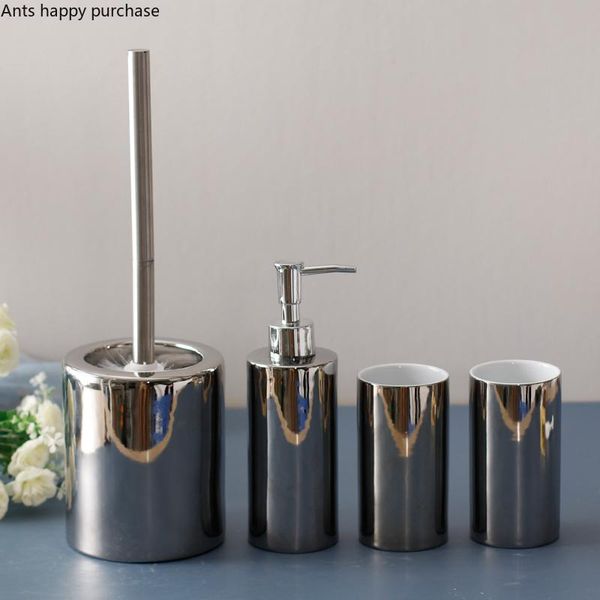 

ceramic bathroom kit silver toiletries four-piece suit lotion bottle mouth cup toilet brush home wash set accessories bath accessory