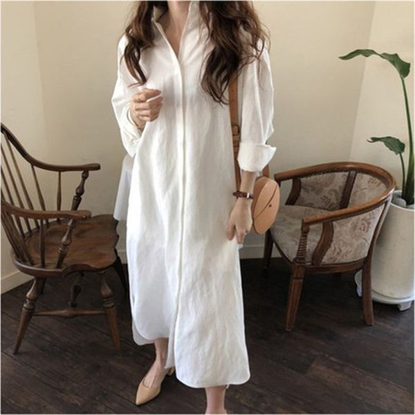 

white shirt dress women's new korean spring and autumn long sleeve loose women's long shirt 210421