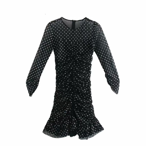 

casual dresses elegant women polka dot mesh patchwork 2021 fashion ladies sheath draped sweet female chic cascading ruffles es rvv, Black;gray