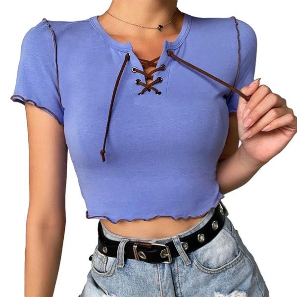 

women's t-shirt 2021summer women casual short sleeve solid color bandage t-shirts wavy slim fit exposed navel feminina, White