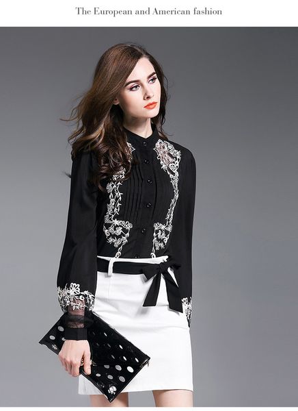 

women's knits & tees est fashion runway designer shirt lantern sleeve gauze patchwork embroidery black blouse iplp, White