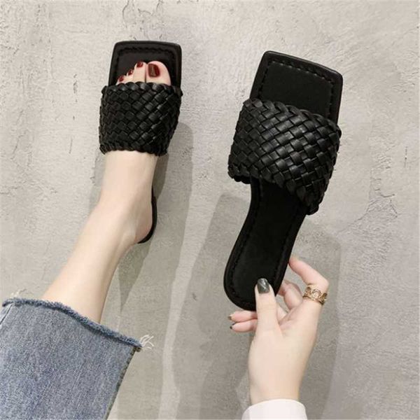 

slippers square open toe flat women weave plaid leather summer shoes 2021 casual beach woman mules, Black