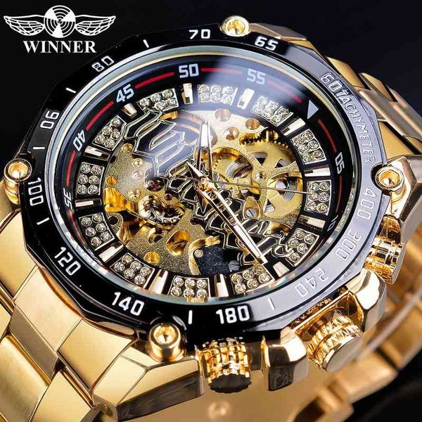 

golden winner men steampunk fashion open work transparent automatic skeleton clock mechanical brand luxury lightseller, Slivery;brown