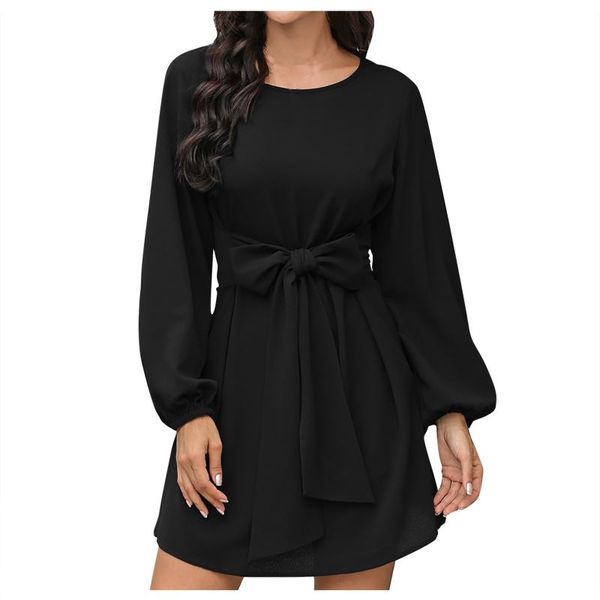 

fashion elegant slim waist dress for women lantern long sleeve solid color bowknot dresses ladies office 1126 casual, Black;gray