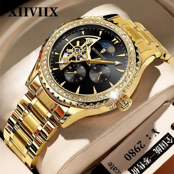 

wristwatches xiiviix automatic mechanical mens watches diamond gold full steel business waterproof stainless sport watch men wristwatch, Slivery;brown