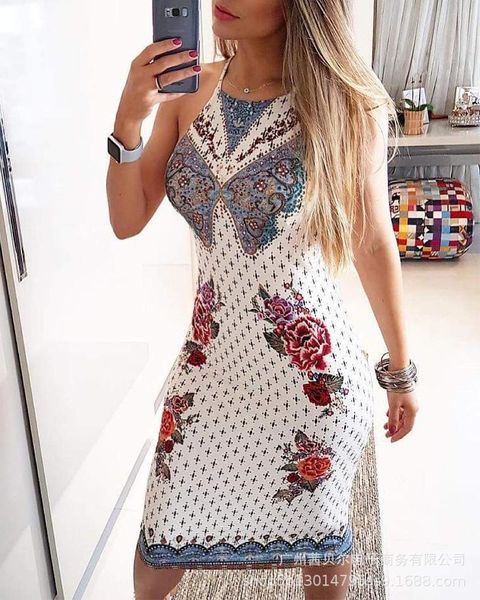 

casual dresses 2021 summer women's fashion sling dress printed high waist slim, Black;gray