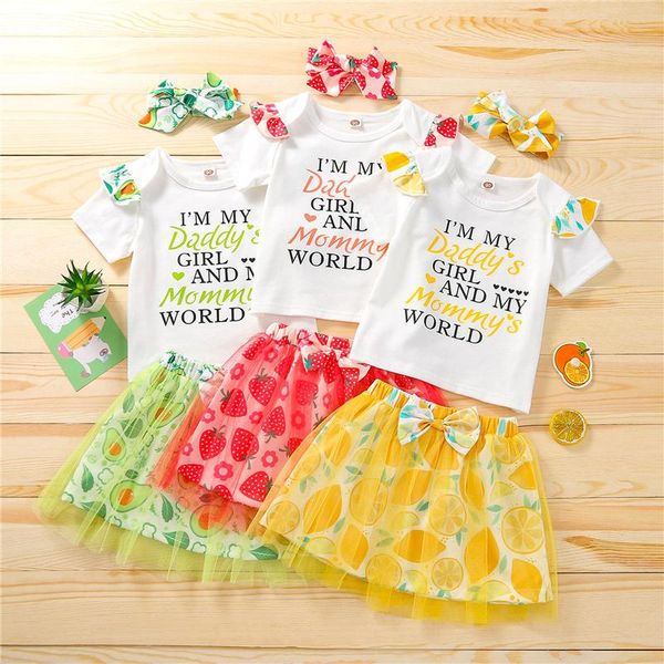 

clothing sets 3pcs 18month-6year children girls summer clothes set,special letter short sleeve and fruit gauze skirt with headband, White