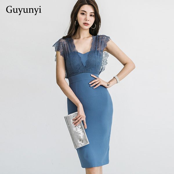 

blue elegant office dress 2021 summer pencil v-neck sleeveless lace decorative high waist slim party dress women, Black;gray
