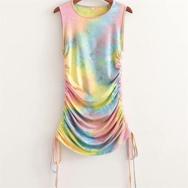 

casual dresses women 2021 fashion tie dye drawstring slim mini dress vintage o neck sleeveless female vestidos, Black;gray