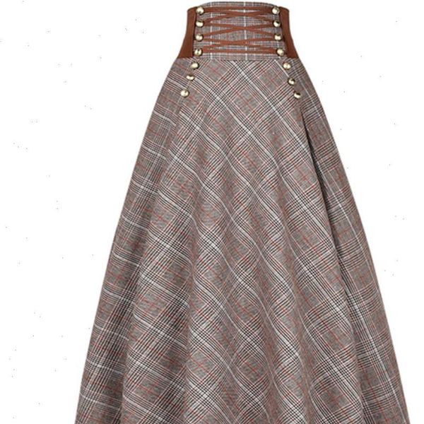 

autumn winter vintage plaid women skirts long woolen high waist lace up big swing a line, Black