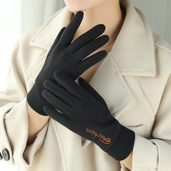 

five fingers gloves winter outdoor cycling full finger touch screen women' warm for sports velvet thick letter embroidery driving mitt, Blue;gray