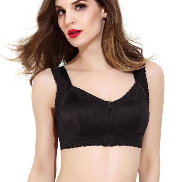 

women wireless anti-sagging front zip breathable satin lace hem plus size sports bras shockproof fitness athletic#40 gym clothing, White;black