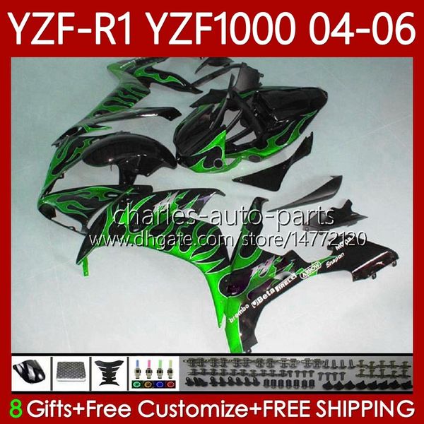 Kit de corpo OEM para Yamaha YZF-R1 YZF1000 YZF R1 Green Chamas 1000CC 2004 2005 2006 Bodywork 89No.139 YZF R1 1000 CC YZFR1 04 05 06 YZF-1000 2004-2006 Fairings de motocicleta