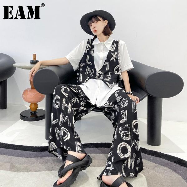 

women's two piece pants [eam] wide leg big size suit round neck half sleeve black loose fit women fashion spring summer 2021 1de0943, White