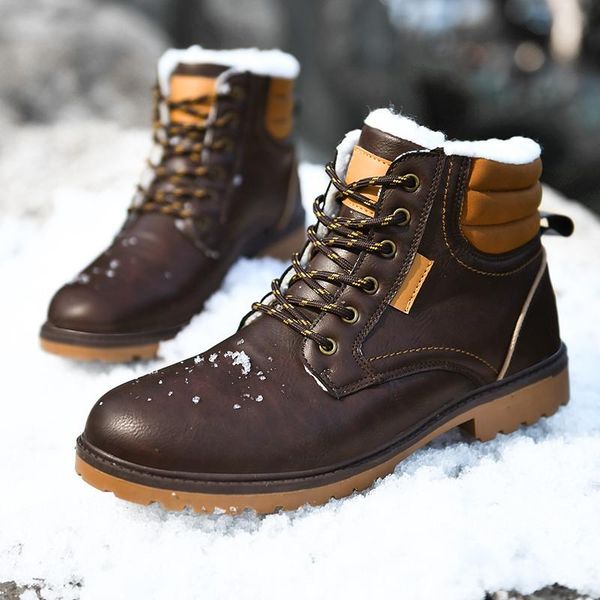 

boots men snow fashion tooling shoes warm cotton pu round toe lace up trend 2021, Black