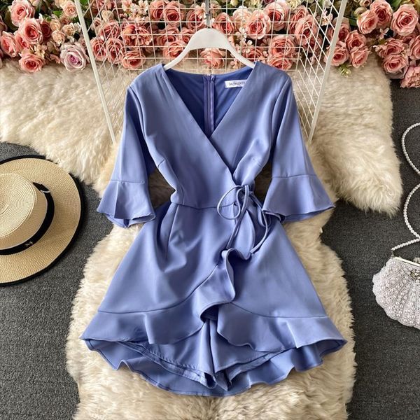 

vintage v neck waist women jumpsuits tie irregular ruffled wide leg womens jumpsuit summer trumpet sleeve elegant culottes, Black;white
