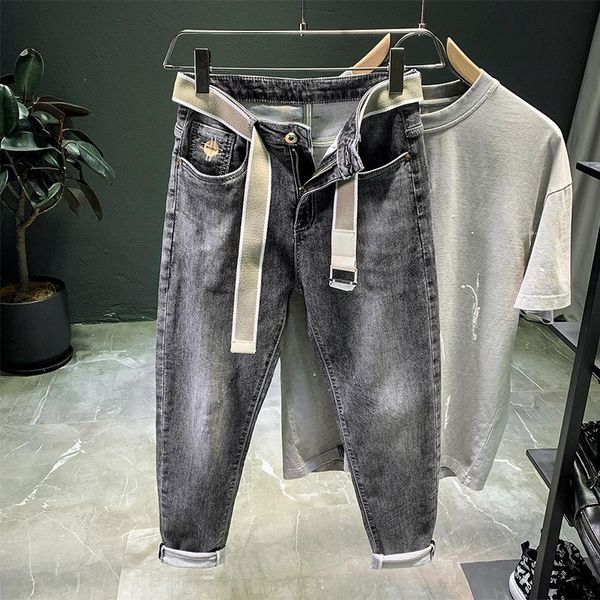 

men's jeans light gray stretch 2021 spring and summer micro-harem pants korean trend embroidery long pencil, Blue