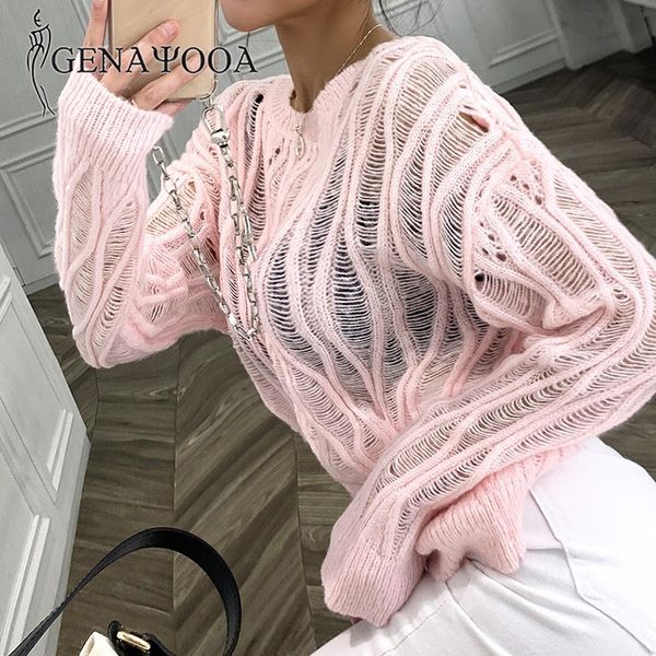 

genayooa o neck causal women sweaters and pullovers hollow out knitted sweater korean style jumpers female 210417, White;black