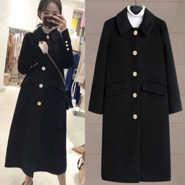

women's wool & blends autumn/winter 2021 fat sister loose knee-length coat medium and long woolen trend, Black