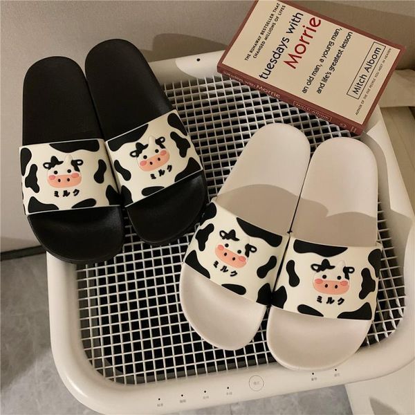 

lovely cow slippers summer indoor home girl heart cartoon bathroom bath antiskid soft bottom sandal, Black