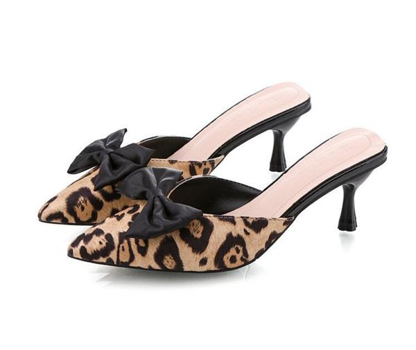 

nice summer women casual pointed toe leopard print bowknot high heel sandals pumps shoes, Black