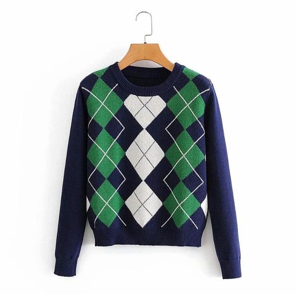 

women's sweaters vintage stylish geometric rhombic pullover knitted sweater women knitti fashion long sleeve outwear england style, White;black