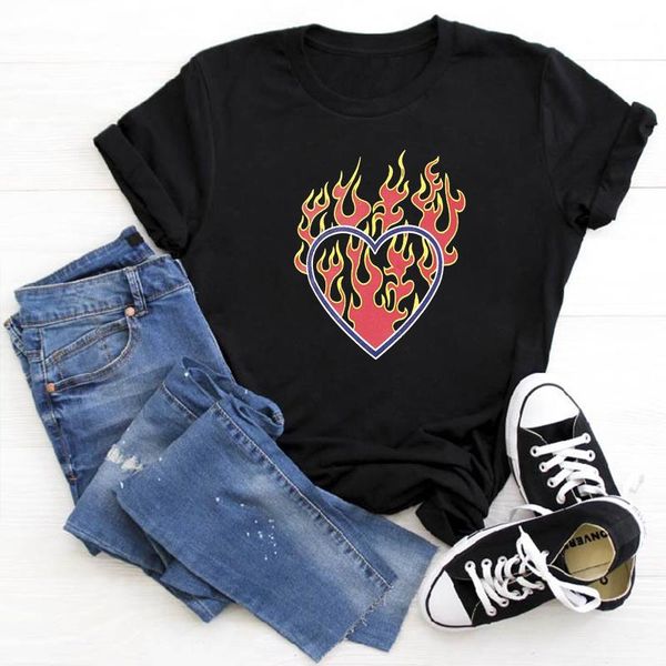 

women's t-shirt mens t-shirts female harajuku gothic flames tshirt flame heart print o-neck tees t shirt plus size, White