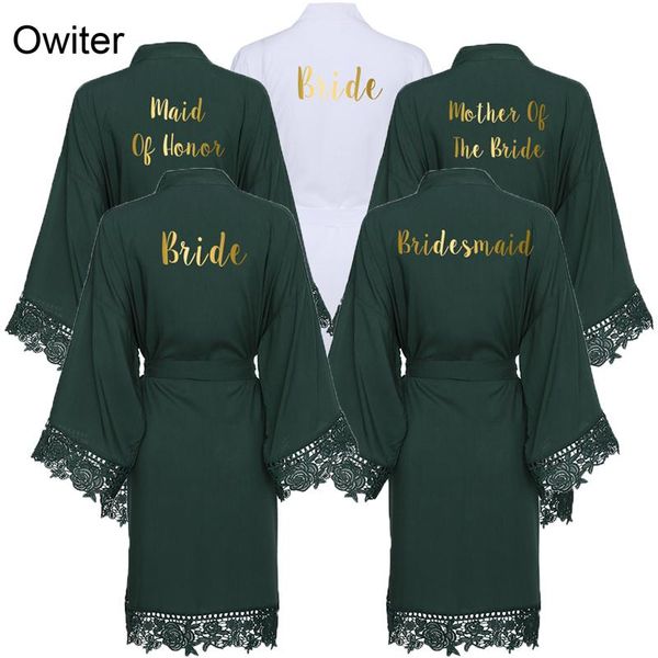 

women's sleepwear owiter 2021 green solid cotton kimono bride bridesmaid robes with lace trim women wedding bridal robe bathrobe white, Black;red