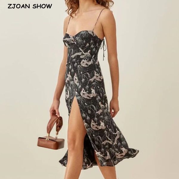 

casual dresses vintage french tube women dress bandage lacing up spaghetti strap mid-calf slit slim vestidos female clothes 5i, Black;gray