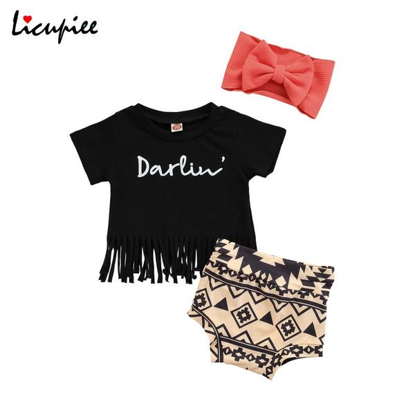 

clothing sets 0-24 months letter baby girl 3pcs born summer outfits, short sleeve print tassel + shorts headband set, White