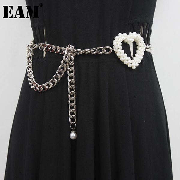 

belts [eam] silver matel chain pearl split joint casual belt personality women fashion tide all-match spring autumn 2021 1dd8186, Black;brown