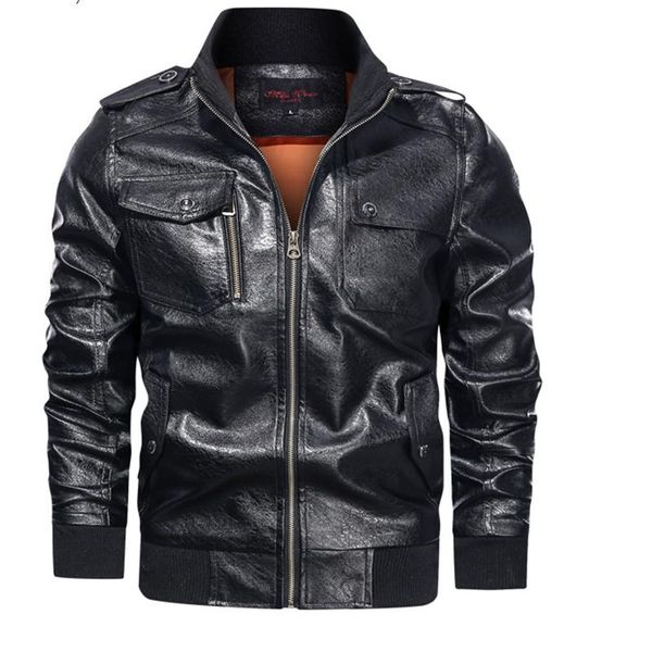 

men's fur & faux motorcycle leather jacket 2021 men vintage pu jackets fashion stand collar bomber baseball coats, Black
